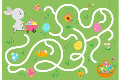 Kids easter maze game. Eggs hunter with cute cartoon bunny. Find right