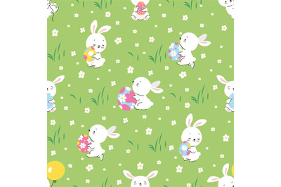 Easter seamless pattern&2C; cartoon bunny and eggs decor. Spring bunnies&2C;