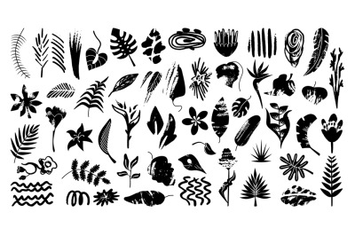 Black textured tropical leaves. Botanical silhouettes&2C; sketch grunge d