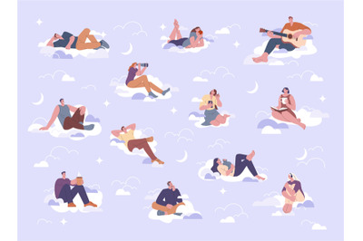 People sitting on clouds in sky. Thinking and dreaming adults, resting