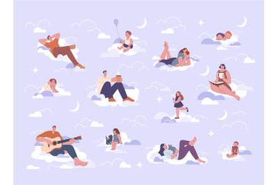 Play in clouds. Children and adults sitting and resting on fluffy clou