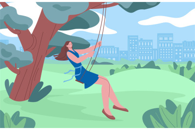 Girl on swings in city park. Serene nature rest, outdoor summer activi