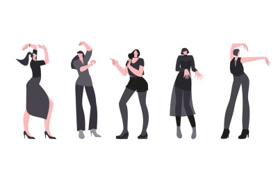 Dancing people in black. Various dance poses, social media trends. Fas