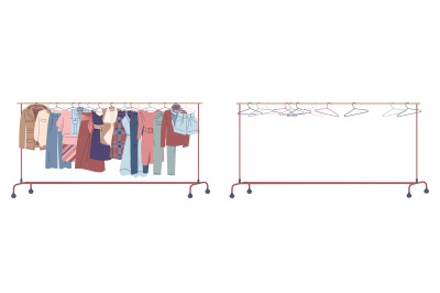 Clothes on racks. Shop cloth hanger empty and with sweater, dress, jea