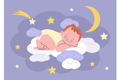 Baby sleep on cloud. Sleeping newborn toddler card design. Cartoon cut