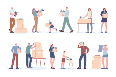 People with boxes, person packaging office or home things in cardboard