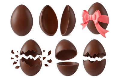 Realistic chocolate eggs, broken candy egg. Easter surprise, kinder sw