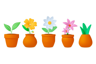 Plants in pots 3d icons. Flowers and leaves, chamomile, lily pot flowe