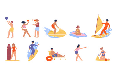 Summer beach activities, characters surfing and play volleyball. Winds