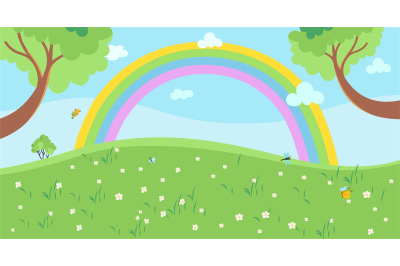 Cartoon meadow landscape with green tree&2C; rainbow&2C; clouds and flowers