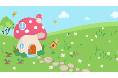 Fairytale mushroom house on green floral meadow. Magic tale location,