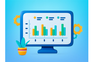 Office 3d monitor screen icon with infographics. Computer and plant, m