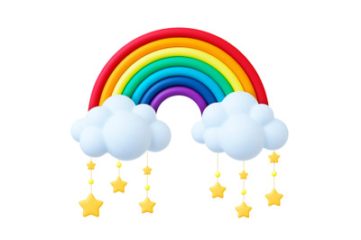 Rainbow 3d with clouds and star pendants. Nursery realistic element&2C; b