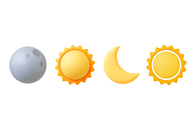 Various 3d sun and moon, crescent isolated icon. Realistic render of s