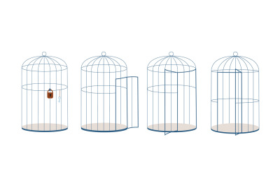 Various open and closed cages, with lock and key. Lined cage for anima