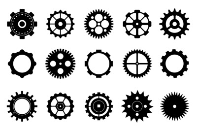 Gears flat icons, factory gear wheel graphic. Black cogs symbols. Prog