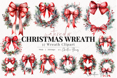 Watercolor Christmas Bow Wreaths Clipart