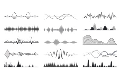 Monochrome audio sound waves, song or voice symbols. Radio frequency,