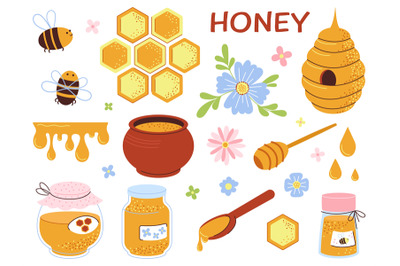 Honey flat elements, beekeeping industry. Jars and liquid caramel syru