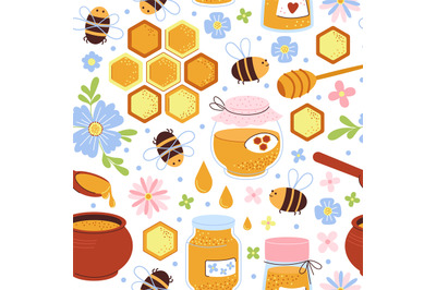 Honey sweet seamless pattern. Bee on meadow, beekeeping. Natural desse