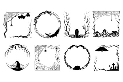 Halloween scary frames from bones, spiderweb, pumpkins and tree. Bats