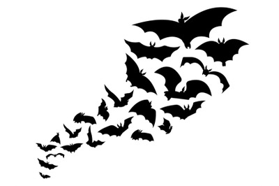 Halloween flying swarm bats, horror silhouette scary graphic. Animal v