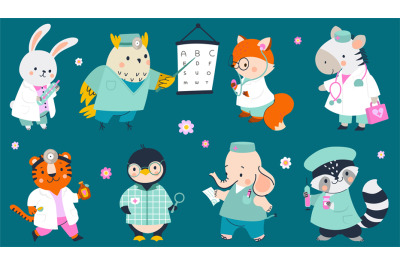 Cartoon animals doctors&2C; funny animals with medical tools&2C; stethoscope