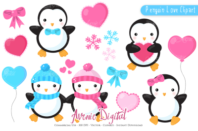 Valentine's Day Penguins Clipart Vectors