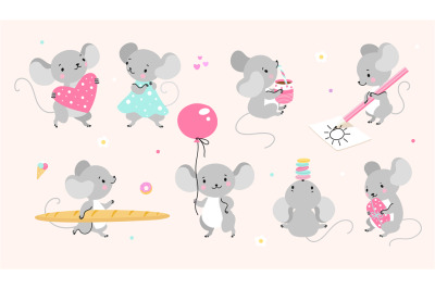 Mouse cartoon characters. Cute mice stylized, rats in different poses.