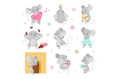 Funny cartoon mouse playing and sleeping. Mice adorable characters in