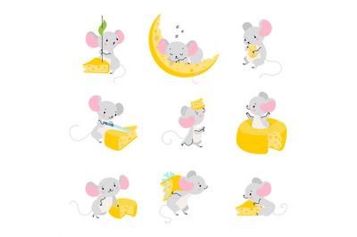 Mouse and cheese. Cute mice eating, funny rats group cartoon character