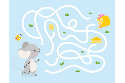 Children maze game mouse find cheese. Rat choose right way. Kids paper