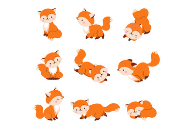 Cartoon wildlife fox. Red foxes jump, sleep and run. Cute forest masco