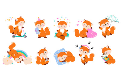 Cute red cartoon fox mascot. Autumn foxes, forest wildlife animals. Is