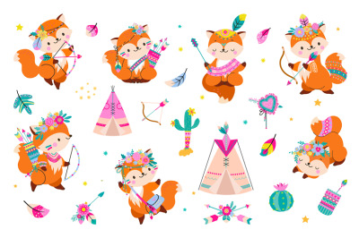 Woodland fox, wild tribal foxes with floral wreath and feathers arrows