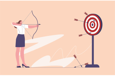 Woman shoot target with arrows. Aim vision, financial or job goals foc