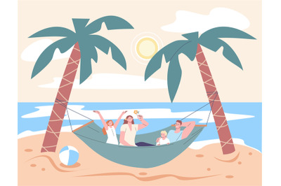 People on beach in hammock. Happy family vacations, cute parents and c