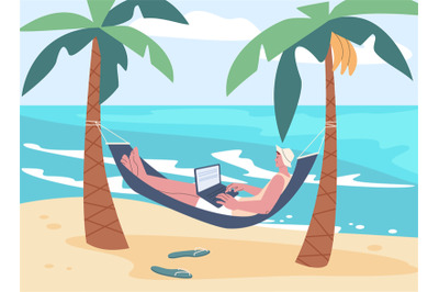 Man in hammock relaxing on beach. Happy tourist and freelance worker w