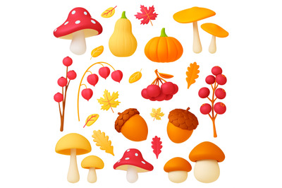 Autumn 3d elements, falls leaves, decorative nature objects. Mushrooms