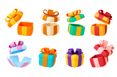 Gift box 3d, presents boxes with bows and ribbon. Gift prize open and