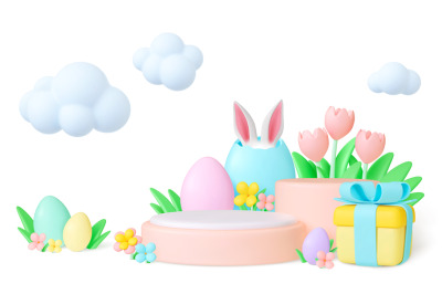 Easter 3d concept. Nature garden objects&2C; bunnies ears in egg and gift