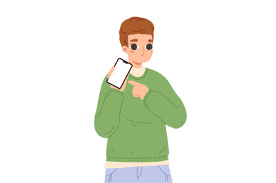 Man showing screen cellphone. Smart person point on phone. Cartoon boy