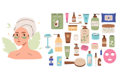 Beauty routine elements&2C; facial brushes and stickers. Spa morning care