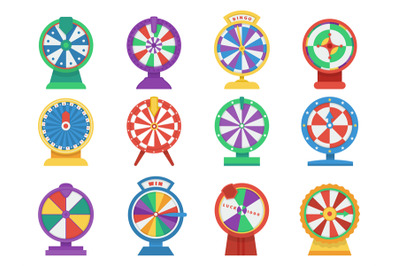 Casino roulette icons. Flat wheels gaming, spin lucky wheel isolated e