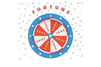 Fortune wheel logo poster. Casino wheels in falling confetti, gambling