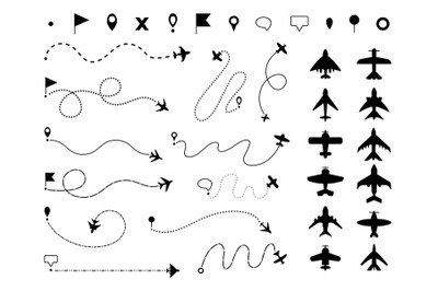 Black aircraft routes and plane silhouettes. Isolated airplanes&2C; dotte