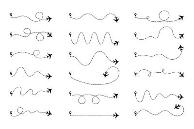 Plane routes and dotted paths. Aircraft travel route&2C; start point and