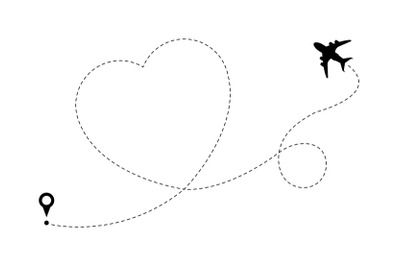 Love airplane route&2C; plane flying heart shape. Wedding symbol&2C; travel