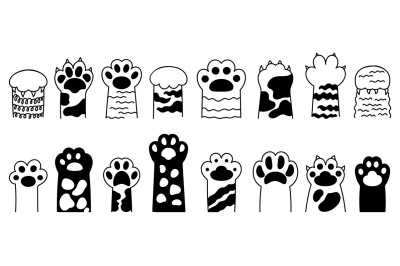 Cat different black paws. Cartoon paw icons&2C; isolated cats or tigers d