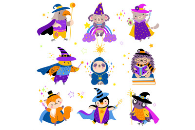 Baby animal wizards, cartoon wizard animals. Isolated magic childish c